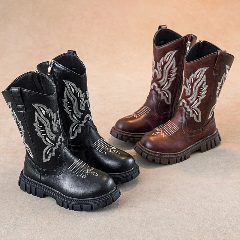

Children Leather Boots 2025 Classic Cowboy Embroidery Girls Long Booties Kids Winter Round Toe Soft Snow Shoes Fashion Snow Boot