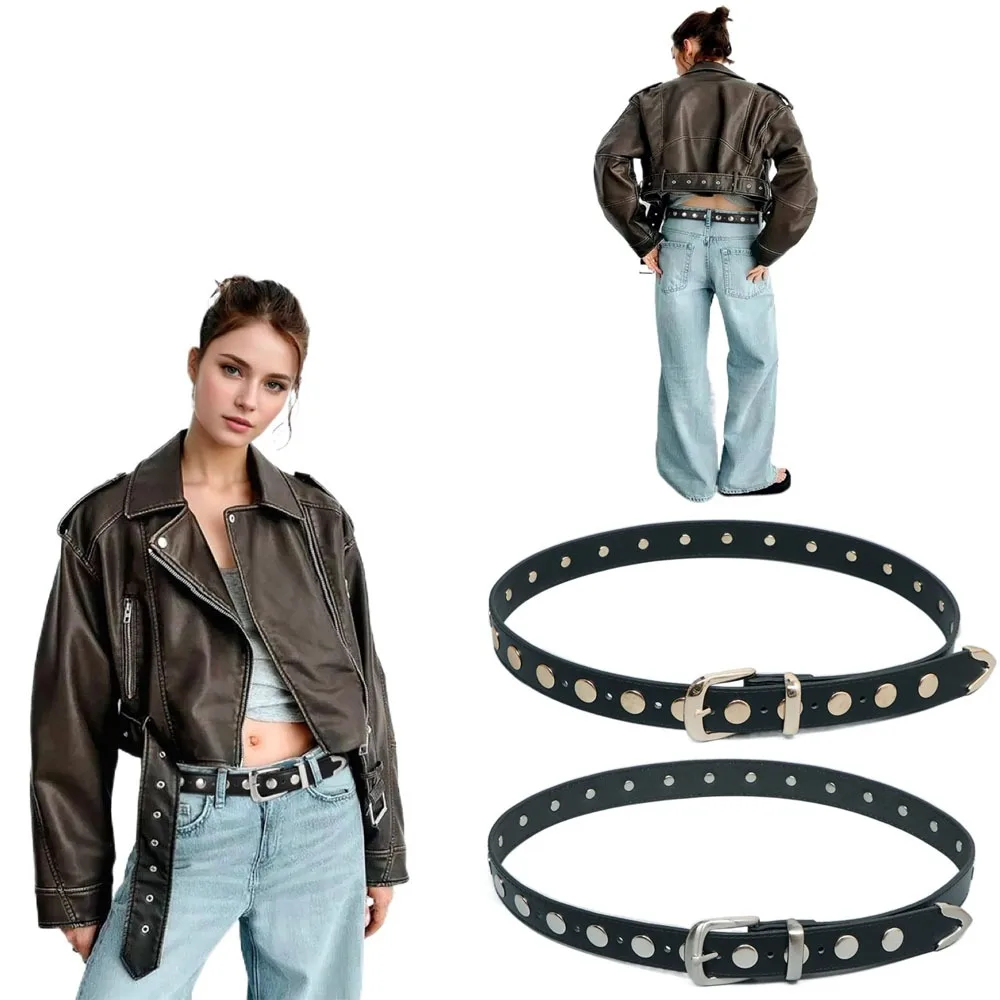 أزياء Y2k الشرير برشام أحزمة تنوعا خمر بو الجلود حزام عارضة حزام الجينز قابل للتعديل