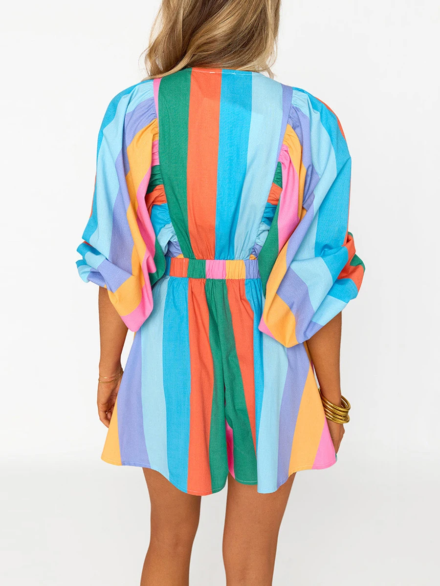 Nowy Modny Damski Letni Krótki Kombinezon Boho Długi Rękaw Głęboki Dekolt V Paski Kwiatowy Wzór Kombinezon Wyprzedaż S M L