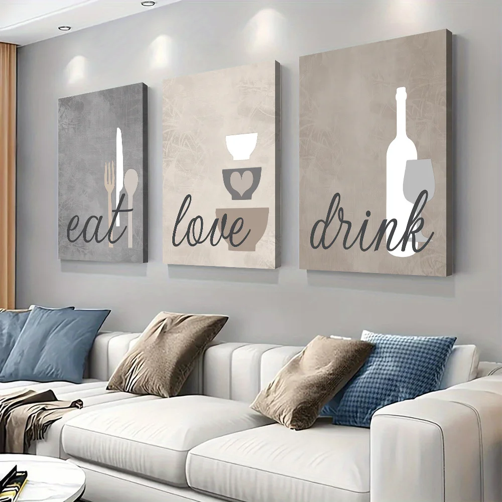 （NoFrame 3PCS)-2D Flat, 2D Flat, 3 Modern Minimalist Kitchen Wall Art Nordic Style Eat Letter Print with Fork Knife Spoon Pat