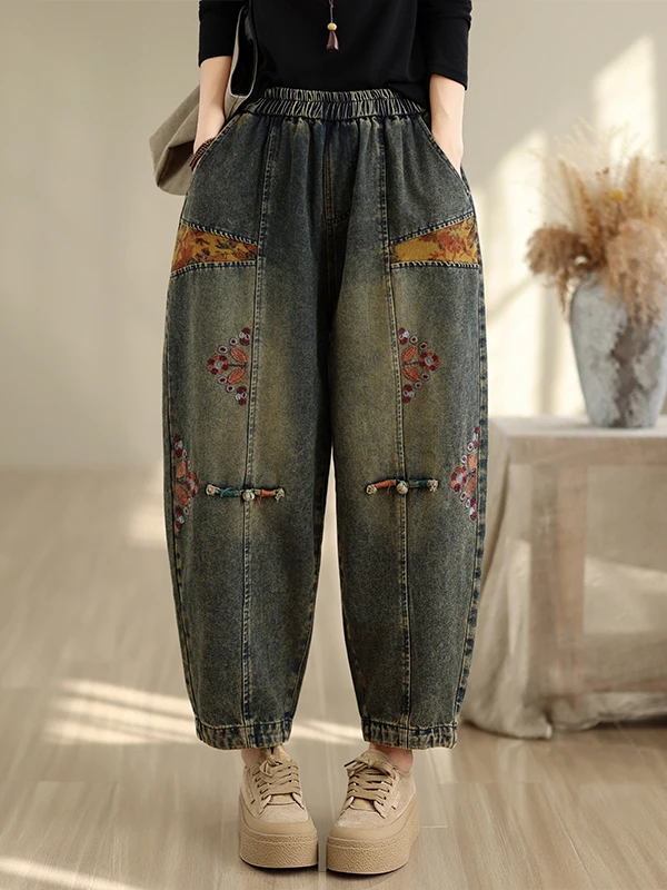 Retro Ethnic Style Embroidered Denim Pants Women's Harlan Pants Autumn Style Loose Fit Natural Waist Thick Denim Cotton Blend