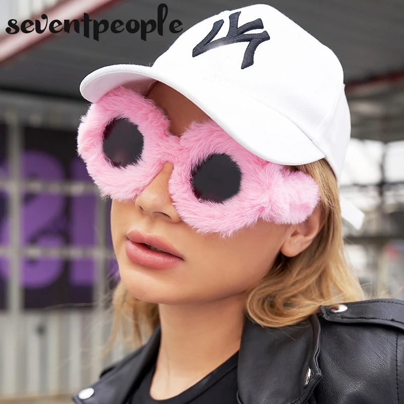 

Round Plush Sunglasses Women 2022 Luxury Brand Designer Fashion Fluff Sun Glasses for Ladies Trendy Soft Fur Furry Sunglass Men