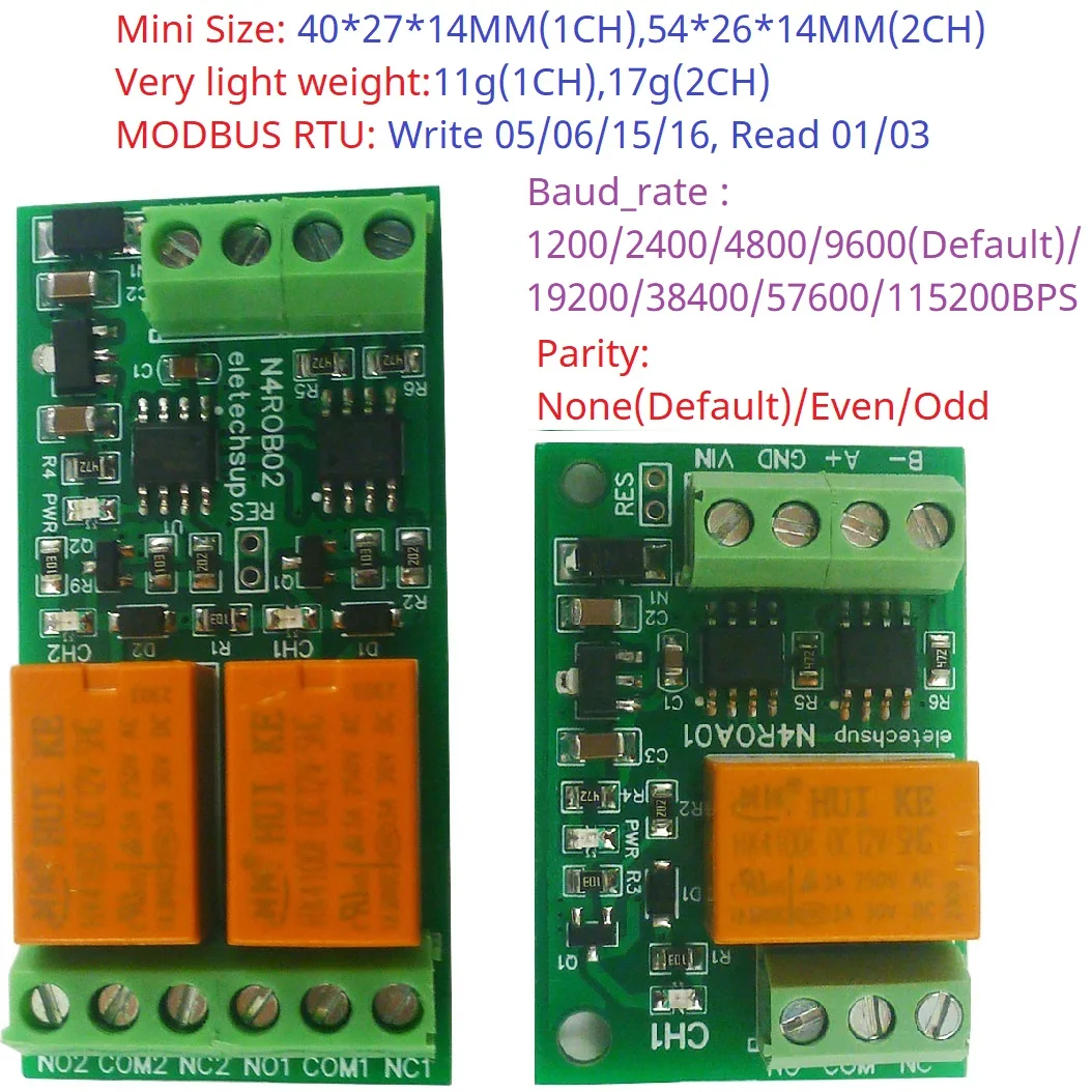 Micro Relay Module DC 12V 24V MODBUS RTU for PLC HMI Configuration Software PTZ of the I/O Expansion Board 1 - 32CH 2A/3A RS485