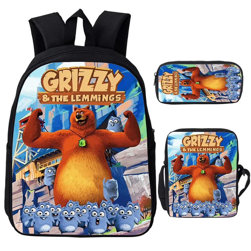 3pcs Grizzy And The Lemmings Print Backpack Shoulder Bag Pencil Bag Set School Bags Girls Boys Durable Bookbag Children Backpack