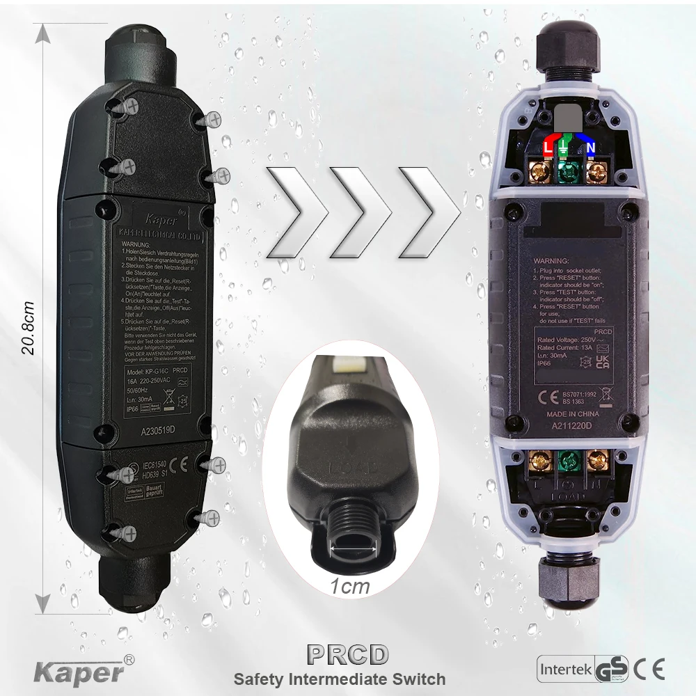 PRCD,Power Leakage Protection Intermediate Switch For Extension Lead,Outdoor Mains Cable Connection,Trigger 30mA / 10mA IP66