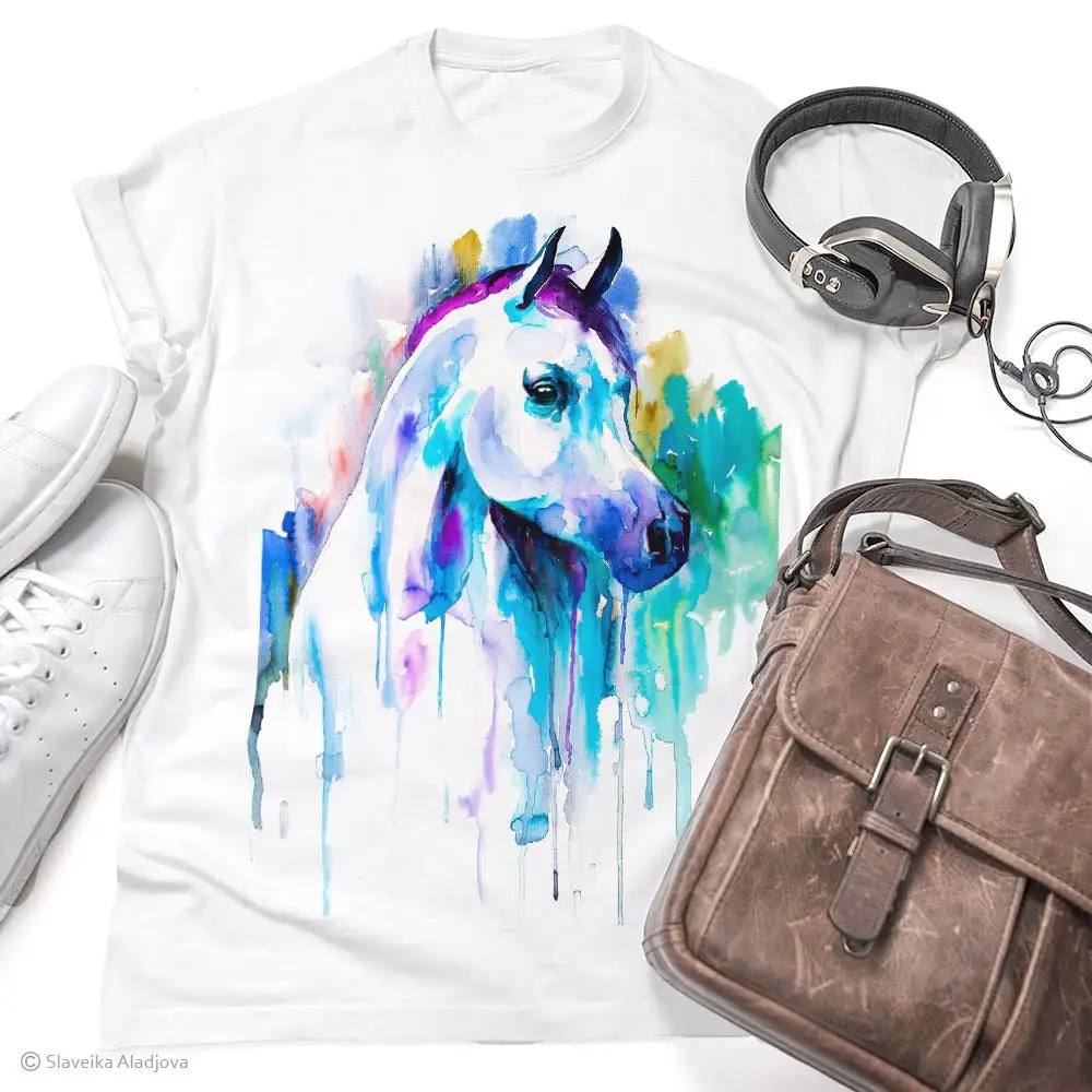 Arabian horse T shirt unisex Men's tees Lover watercolor print tee ring spun Cotton 100 Colourful