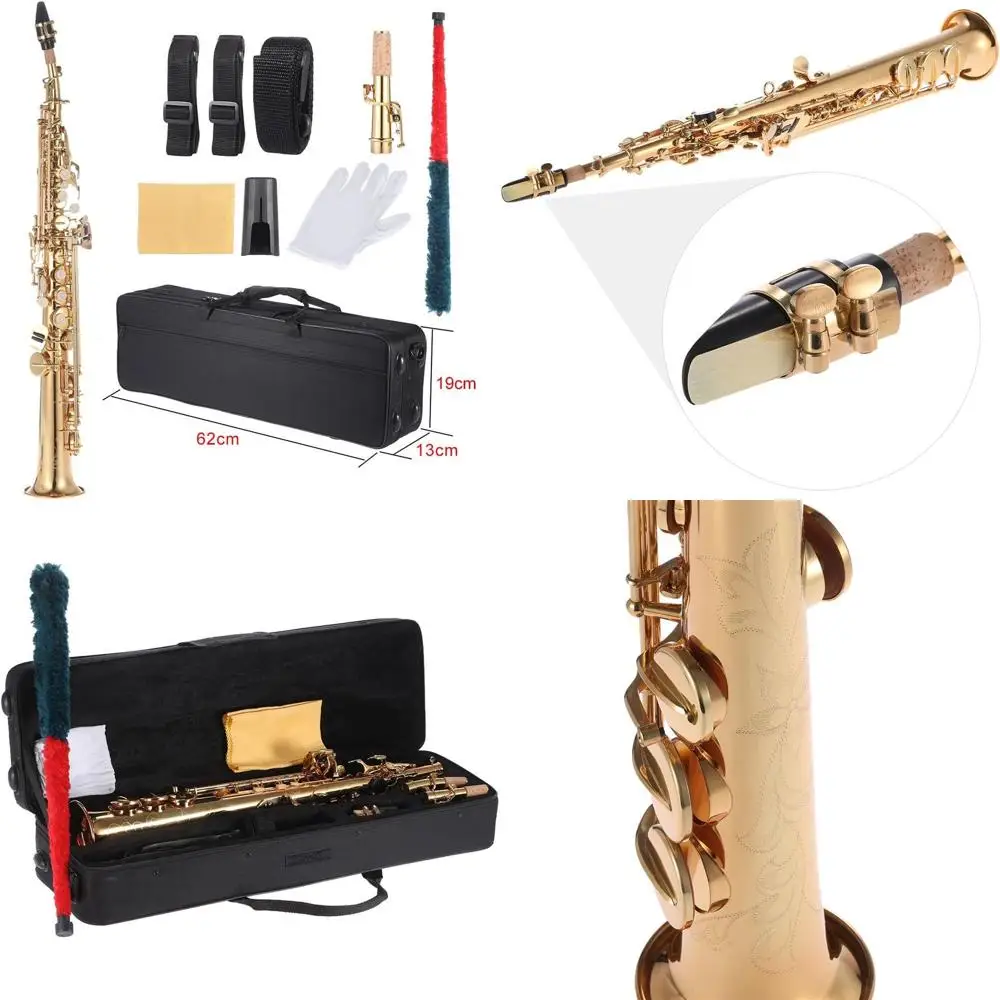 

Brass Straight Soprano Sax Saxope, Bb B lat Woodwind Instrument Shell Key Carve with Carrying Case Gloves Cleaning Cloth Straps
