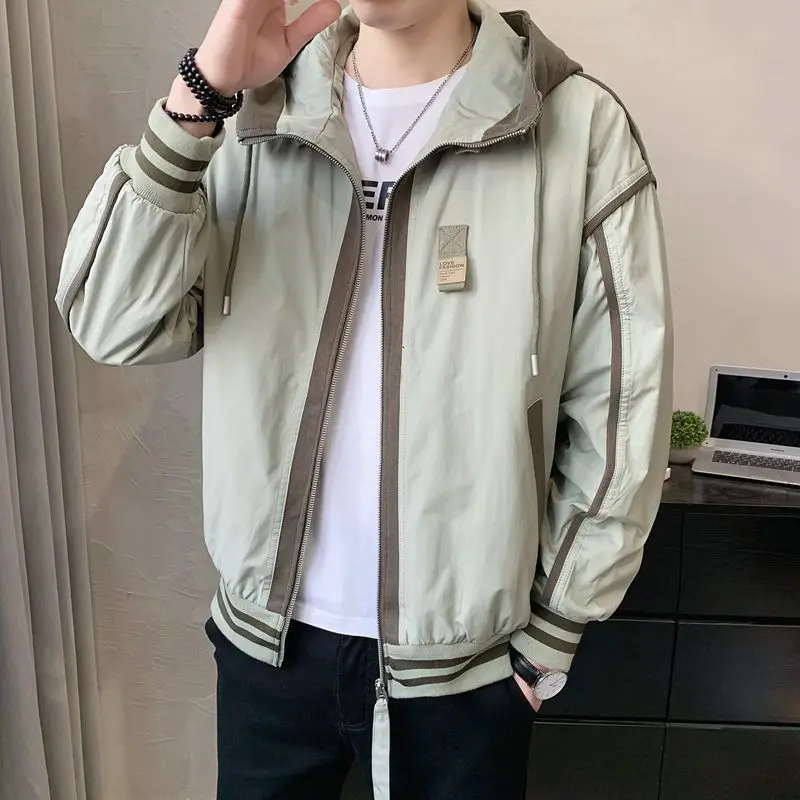 Spring Autumn Jackets Men Patchwork Zip Up Cargo Jacket Loose Casual Long Sleeve Hooded Tops Black White Green Men Clothing New