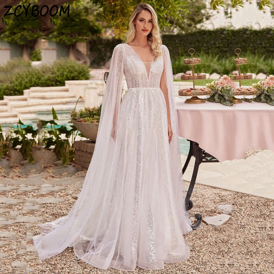 Charming White V-Neck Backless Sequin Sleeveless Evening Dress 2025 A-Line Floor Length Sweep Train Custom Made Prom Dress