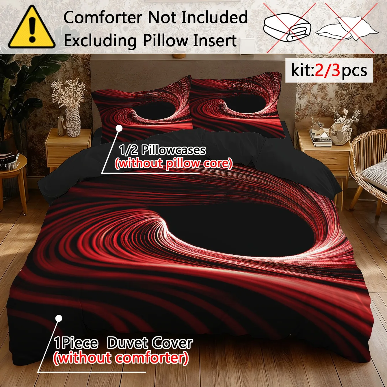 Red Black Abstract Swirl Print Duvet Cover Set Digital Printing Machine Washable Comforter Cover Ideal for Valentine's Birthday