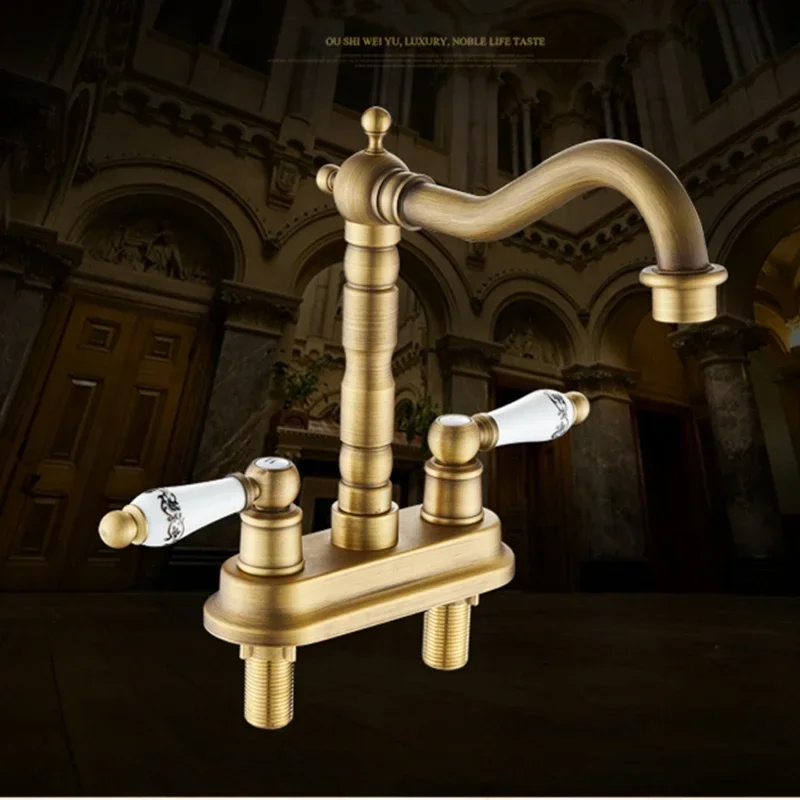 Dual Holder Faucet Bathroom Brass Sink Tap Antique Bronze Mixer Tap Deck Mounted Hot and Cold Single Hole Tub Faucet