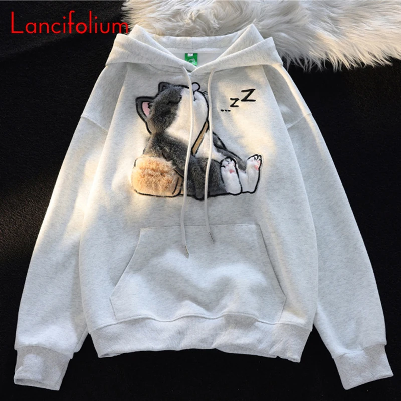 Japanese Vintage Doze To School Muppet Cat Flocking Embroidery Hooded Hoodie Preppy Kawaii Chic Couple Loose Sweatshirt Coat Top