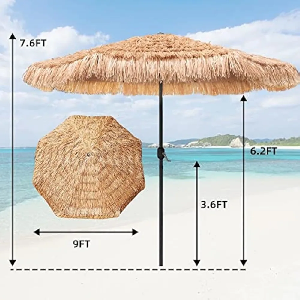 مظلة هيولا منقوشة بطول 9 أقدام على طراز هاواي مظلة فناء الشاطئ و8 أضلاع مع رفع كرنك بعامل حماية من الأشعة فوق البنفسجية 50+ شريط تيكي خارجي
