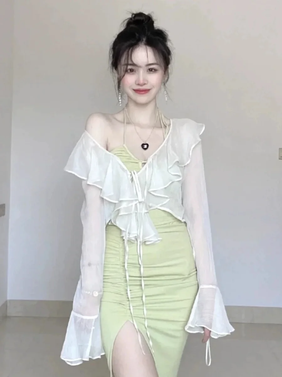 

Fairy Lace Trim Sun Protection Shirt with Sash Short Breathable Summer Outerwear Korean Style Slim Fit V Neck Long Sleeve