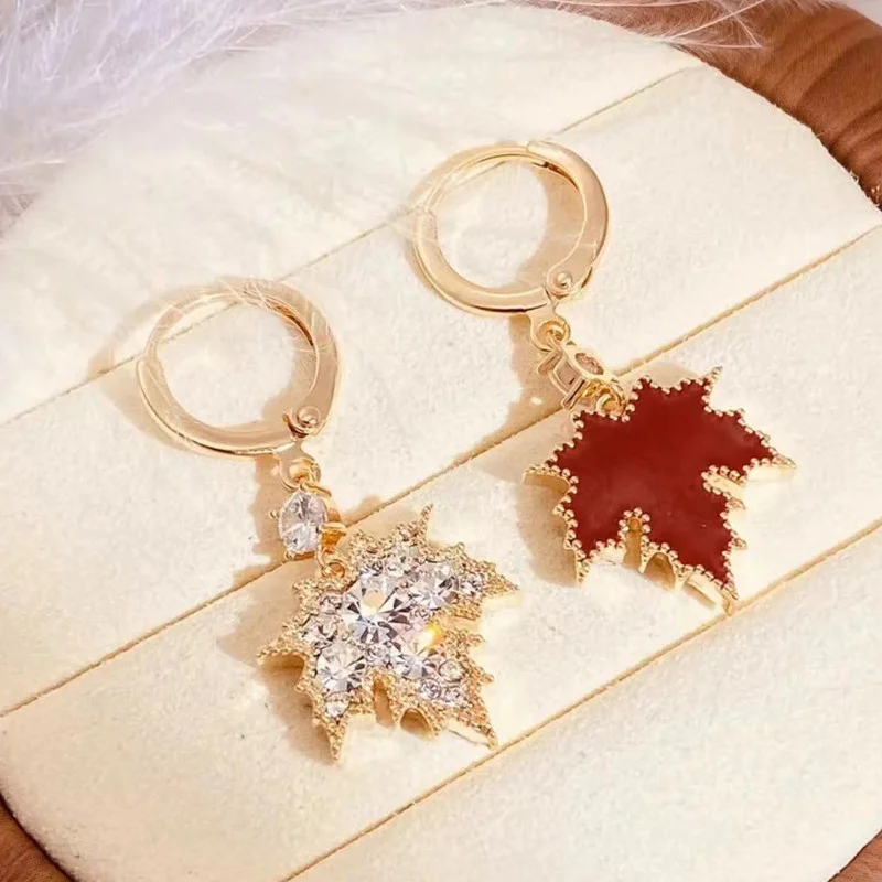 

Vintage Red Maple Leaf Zircon Ear Earrings Hoop for Women Dangle Holiday Statement Jewelry Gift for Christmas Party