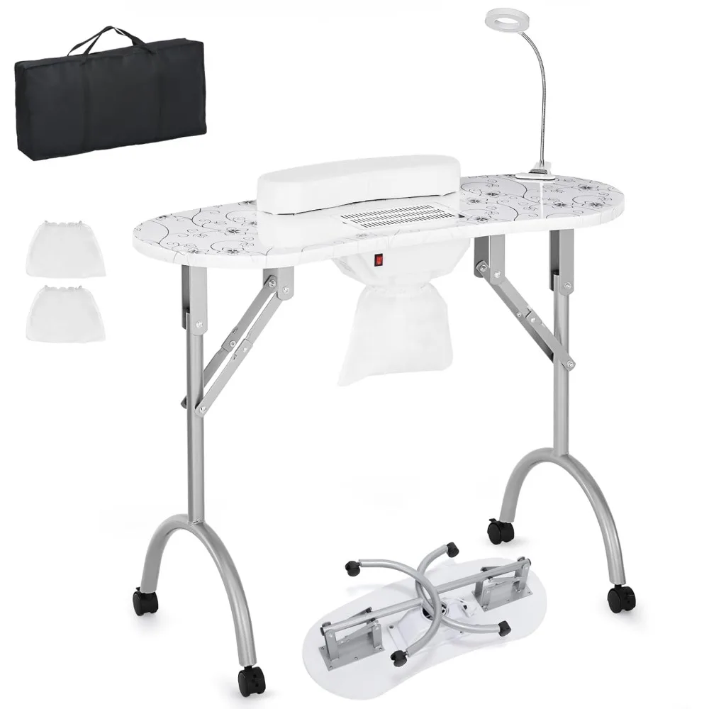 Bestauty Nail Tech Table, Foldable Nail Table with Built-in Dust Collector, Client Wrist Pad, LED Table Lamp, Carrying Bag