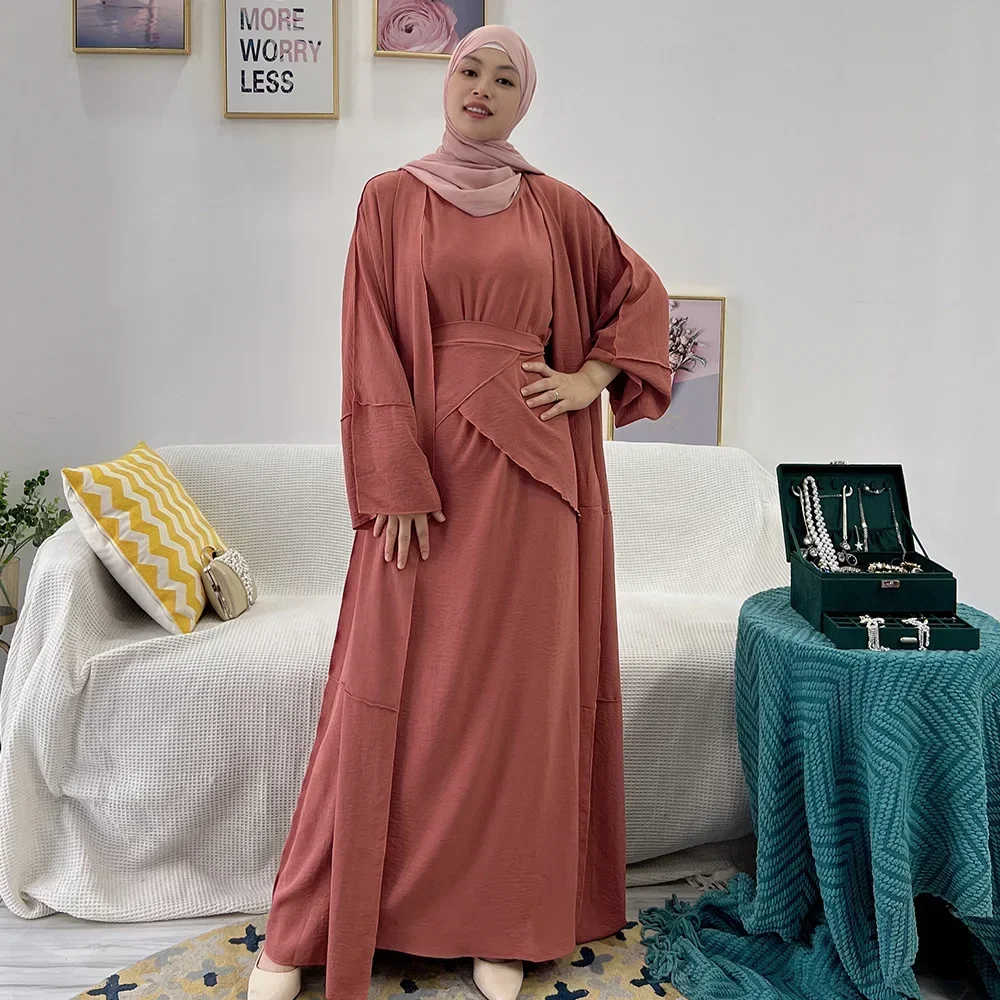 Donna musulmana Set 3 pezzi Abaya aperto Abito Hijab Gonna avvolgente Dubai Preghiera turca Set di abbigliamento islamico modesto Ensembles Musulmans