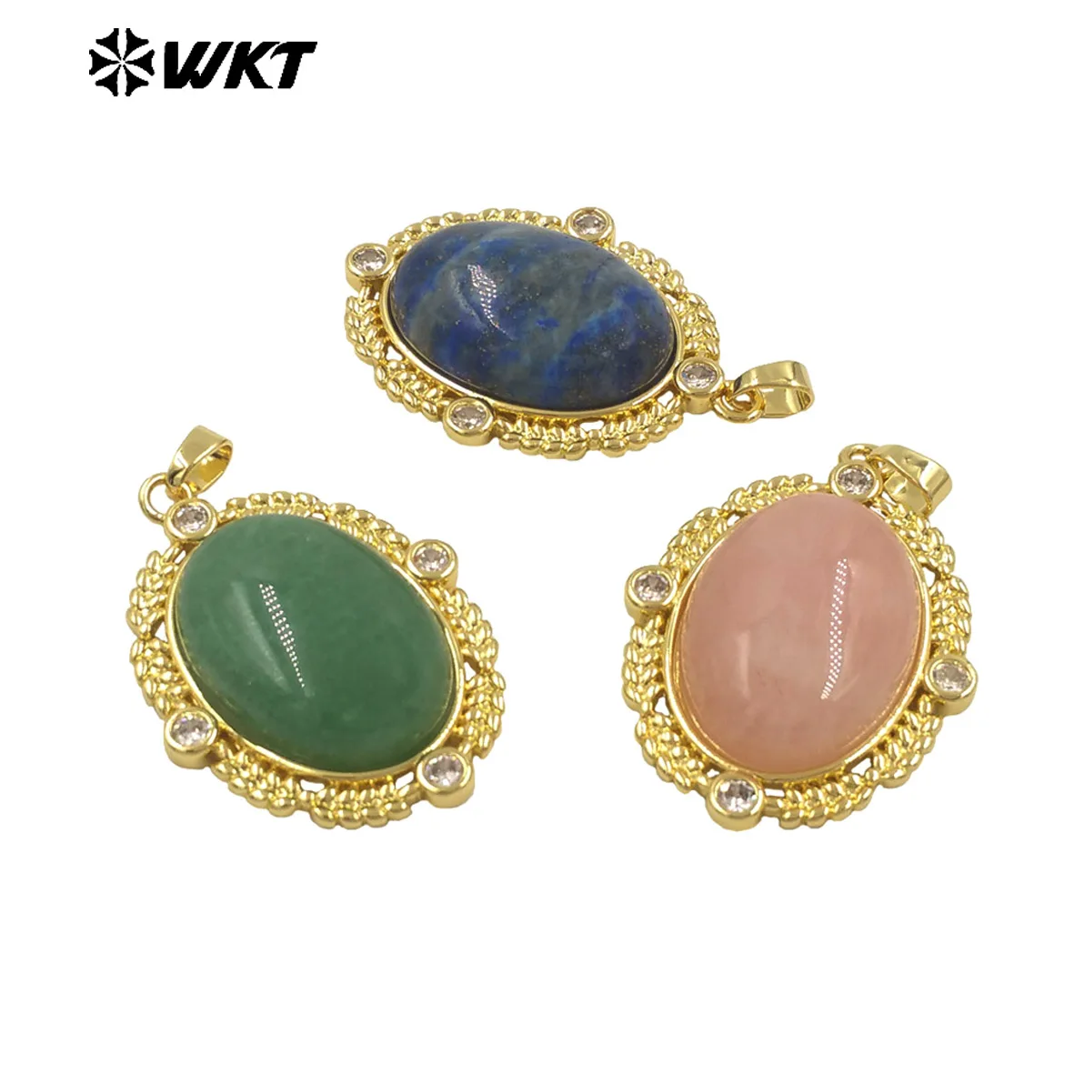 

WT-P1985 Super Exquisite Oval Shape Natural Gemstone With Tiny CZ Paved 18K Gold Plating Pendant Jewelry Decorated