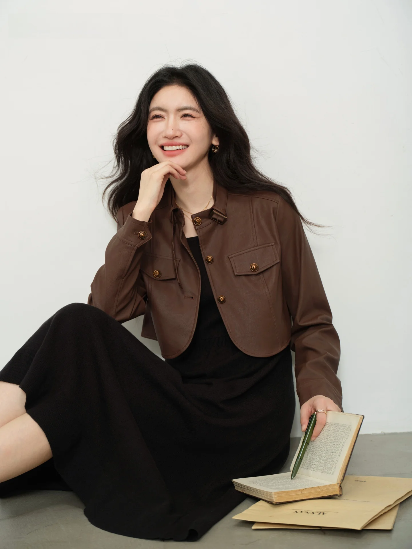 

South Deer ort Leather Jaet And Bla Dr Casual Set for Women Autumn New Sle Faion Set Long Sve Adult Women