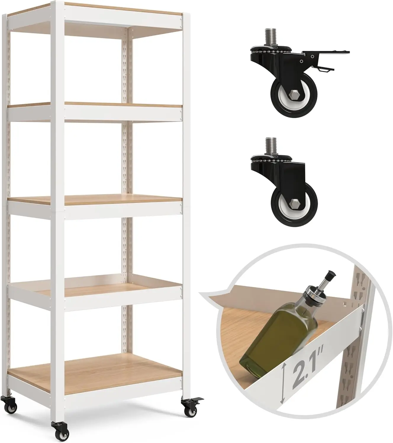 

House White 5-Tier Metal Boltless Rolling Cart Shelf Ra Casters Heavy Duty Wheel Shelving Unit Adjustable Storage Shelves