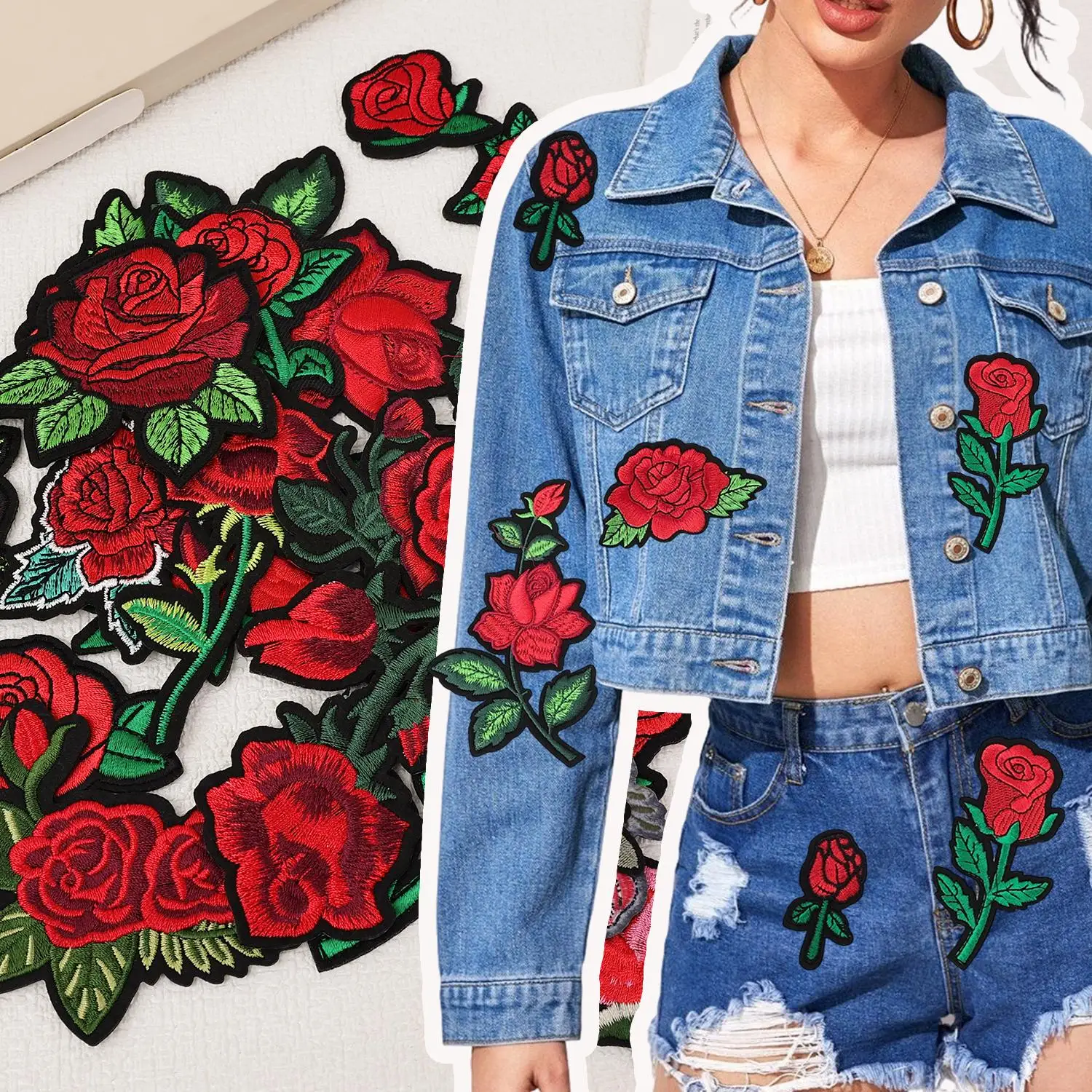 25pcs Set of Rose Flower Embroidered Patch Cap Clothes Sticker Bag Sew Iron on Applique DIY Apparel Sewing Clothing Accessories