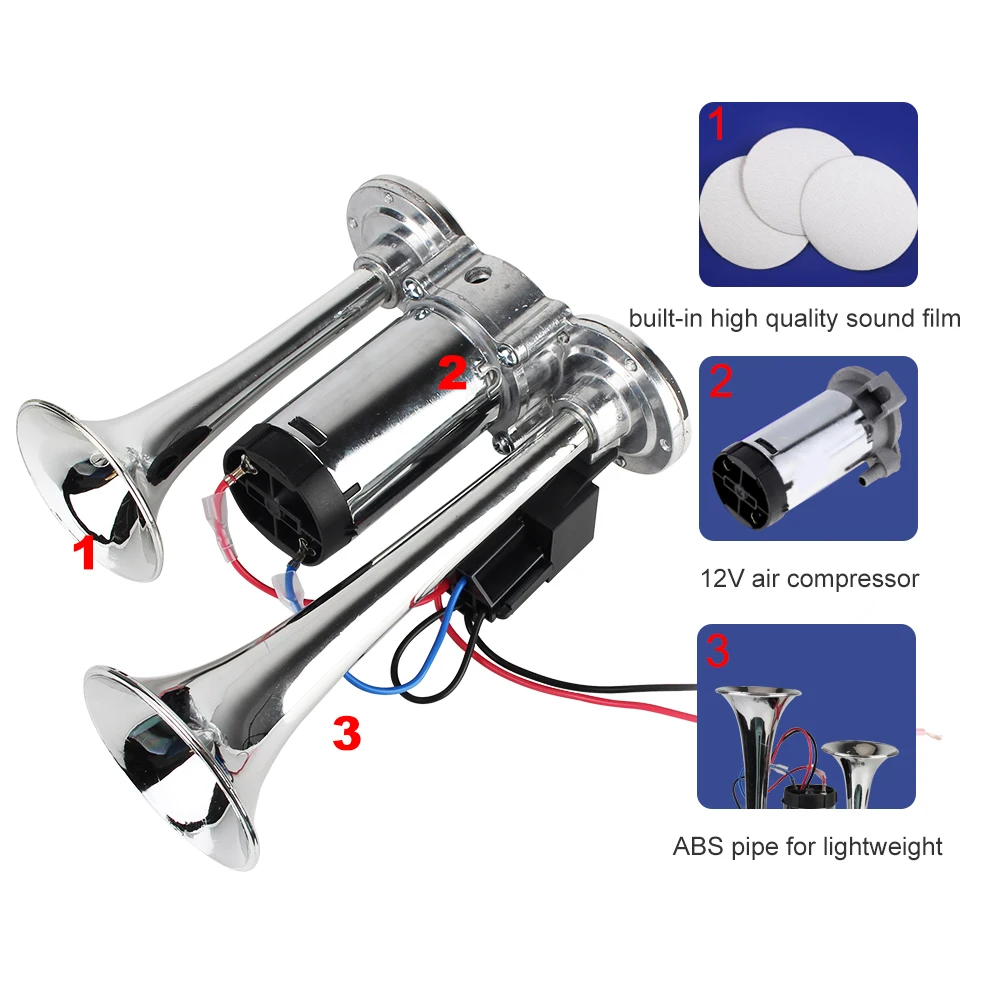 12V Super Loud Car Electric Horn With Air Compressor and Relay For Motorcycle Boat Truck 600dB Hooter Dual Trumpets Modification