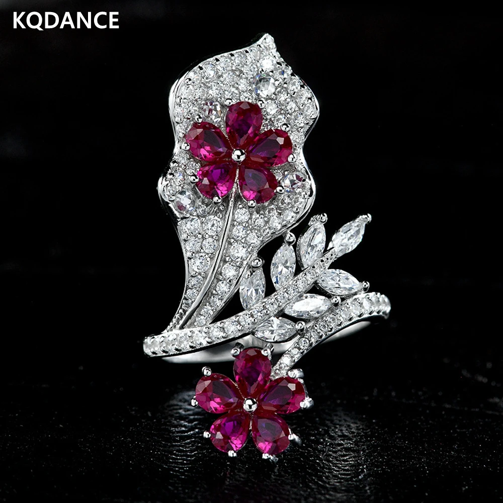 

KQDANCE 925 Sterling Silver Flower Ruby High Carbon Diamond Red corundum Gemstone Cocktail Party Ring Fine Jewelry for Women