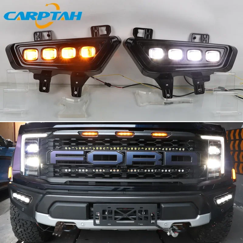 Car LED DRL Daylights For Ford Raptor SVT F-150 2022 2023 Yellow Turn Signal Daytime Running Headlamps Auto Driving Lamp Foglamp