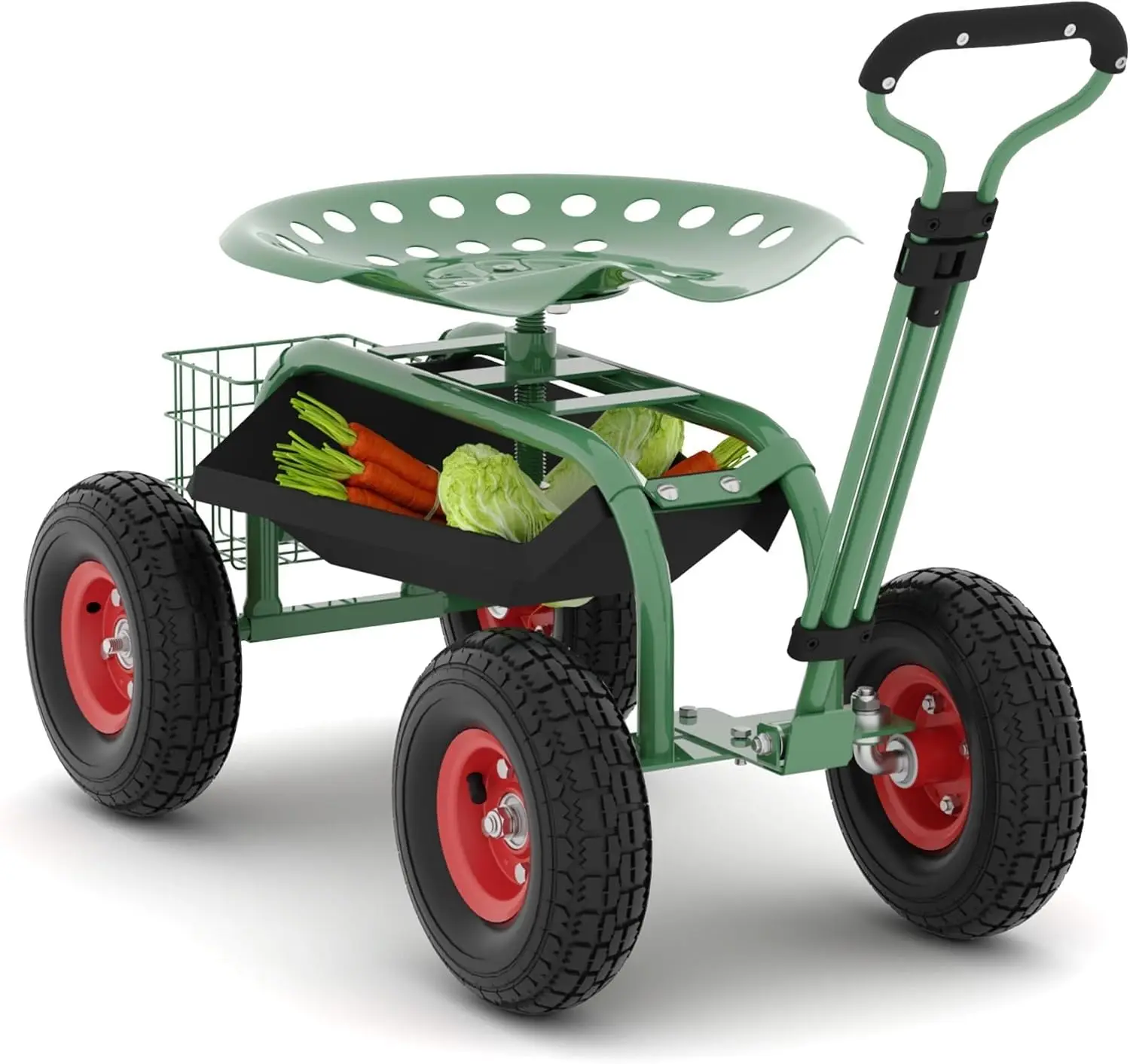 Garden Rolling Stool with 360° Swivel Seat, Inflatable Tires, Tool Tray & Extendable Steering Handle for Patio, Lawn, and Yard Work