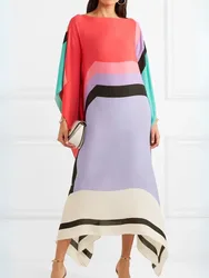Simple O Neck Casual Patchwork Maxi Dress, Women Spring Summer Long Batwing Sleeve Party Dress, Elegant Print Loose Ladies Dress