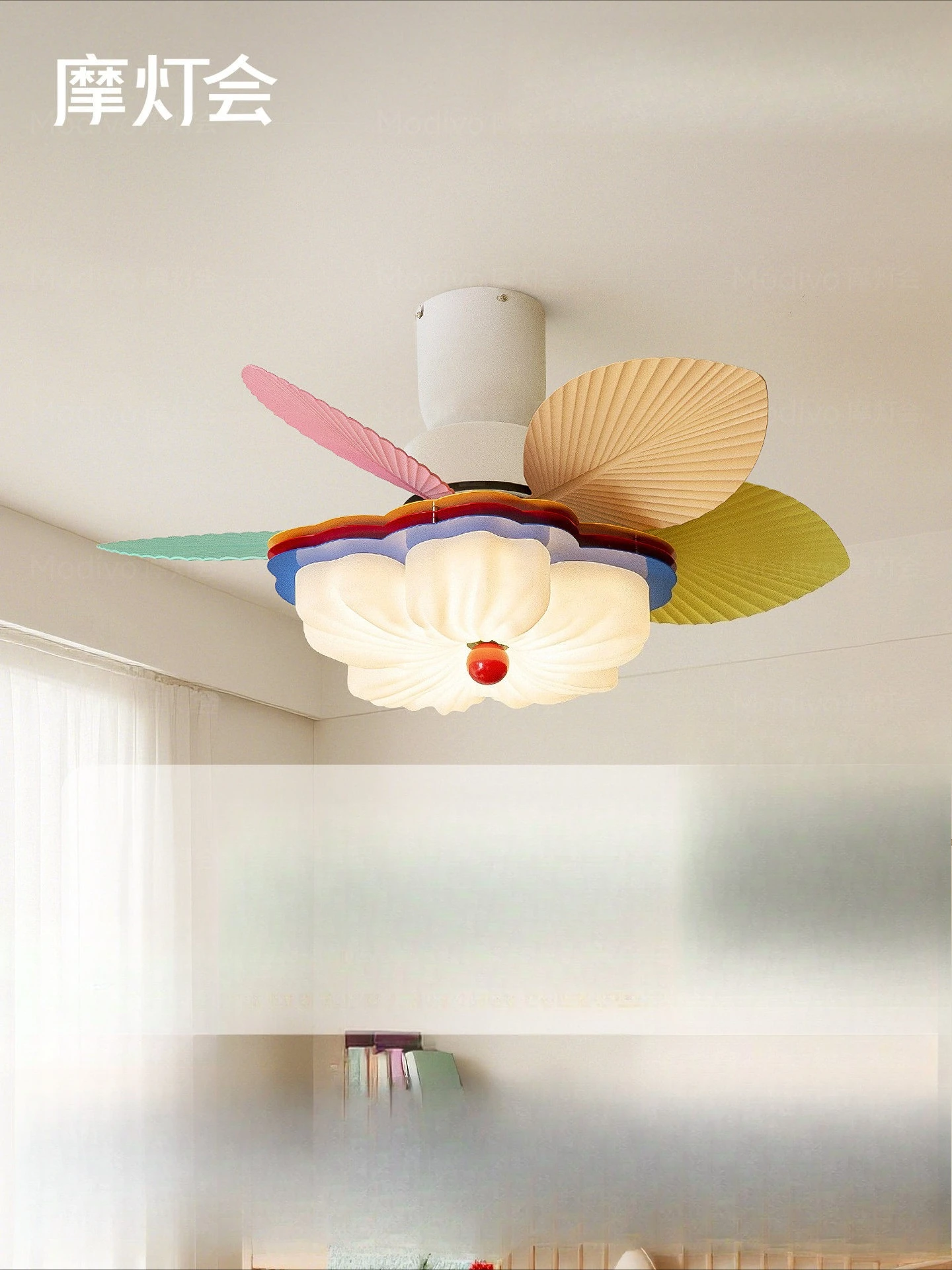

Motorcycle Lantern Club, Bedroom Fan Light, Children's Room Creative Color Flower Eye Protection Ceiling Fan Light New Dopamine