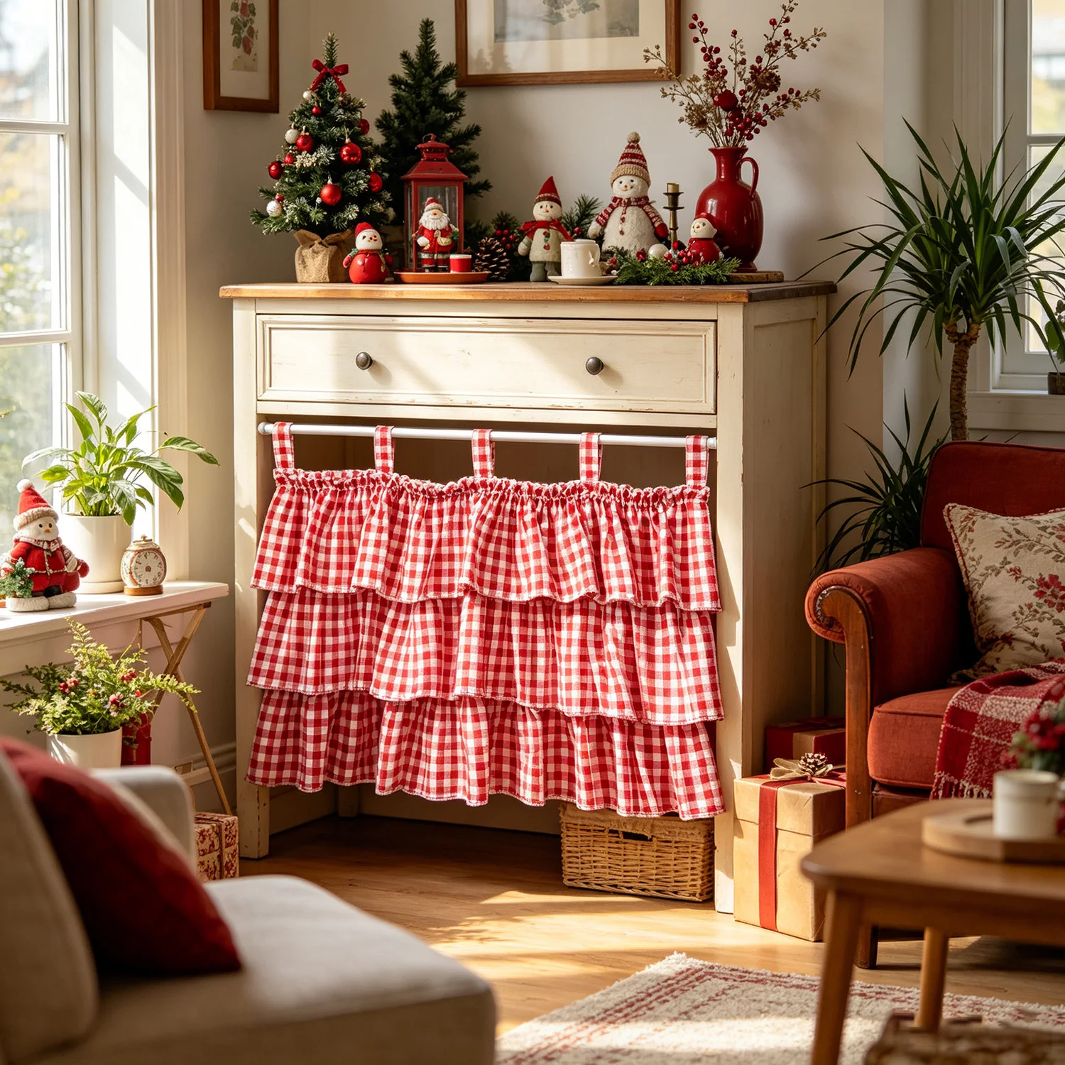 Cottagecore Plaid Tiered Ruffle Valance Adjustable Strap Curtain Vintage Half Curtain for Stove Cupboard Console Xmas Home Decor