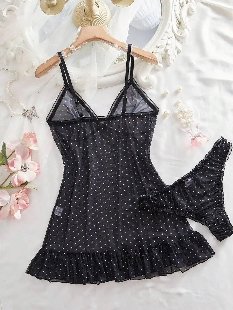 

2pcs Polka Dot Sheer Mesh Lingerie Chemise Slip Dress With Panty