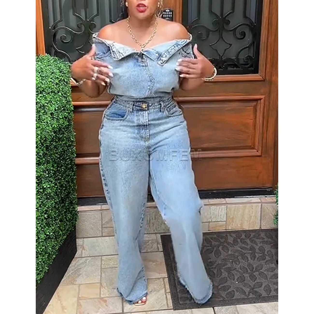 جمبسوت نسائي أنيق من قماش الدنيم بنطلون مرفوع للصدر سروال دينم أنيق مع لف الورك ملابس نسائية يومية 2025 ملابس الشارع #1