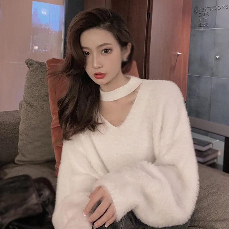 Women's Sweater Pullover V-neck Worn Outside Imitated Mink Fur Hanging Neck Pullovers Jumpers Clothing