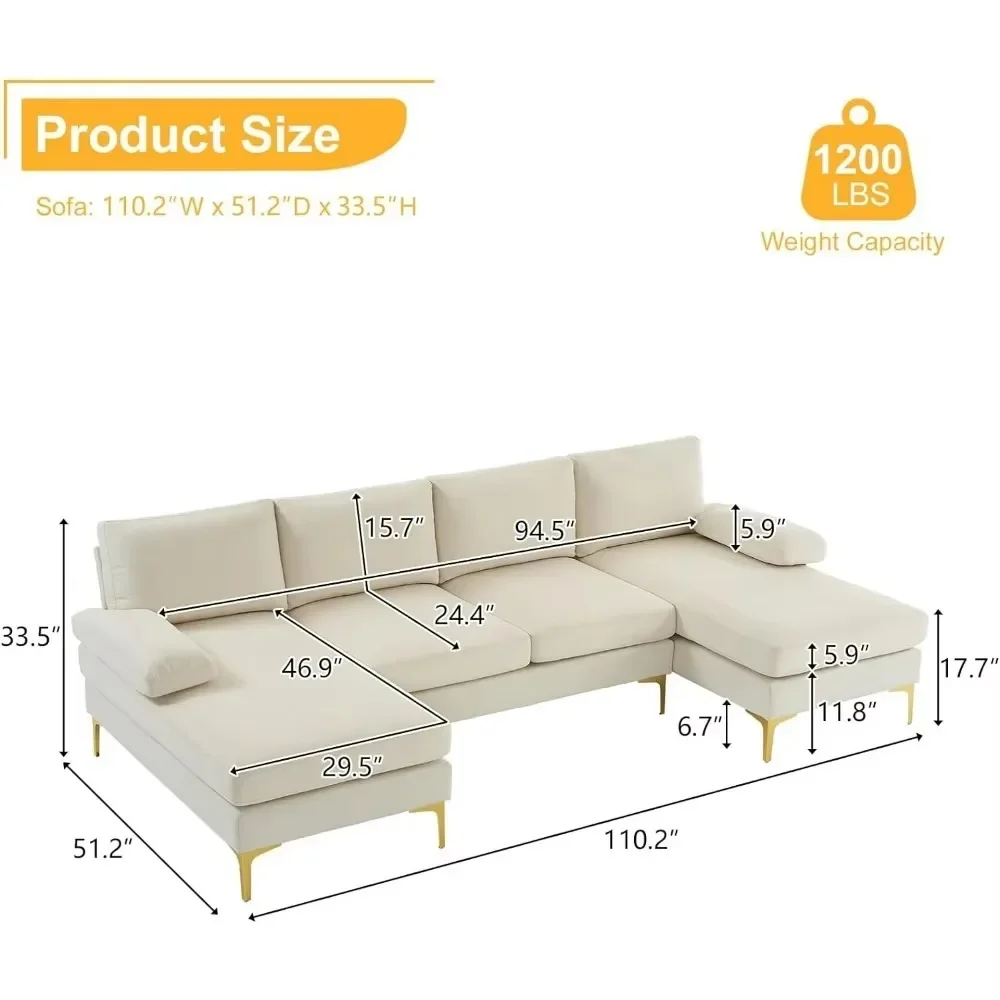 Modern U Shaped Sectional Sofa for Living Room, 110-Inch 6 Seat Large Couch with Double Lounge Chaise for Small Apartmant