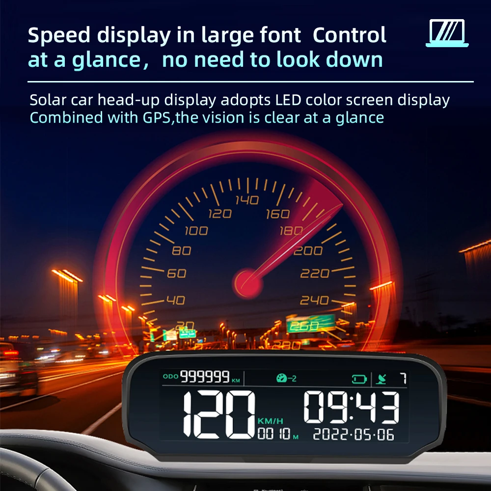 Solar Car HUD GPS Head-Up Display Digital Clock tachimetro allarme Over-Speed fatica avviso di guida Display del chilometraggio dell\'altitudine