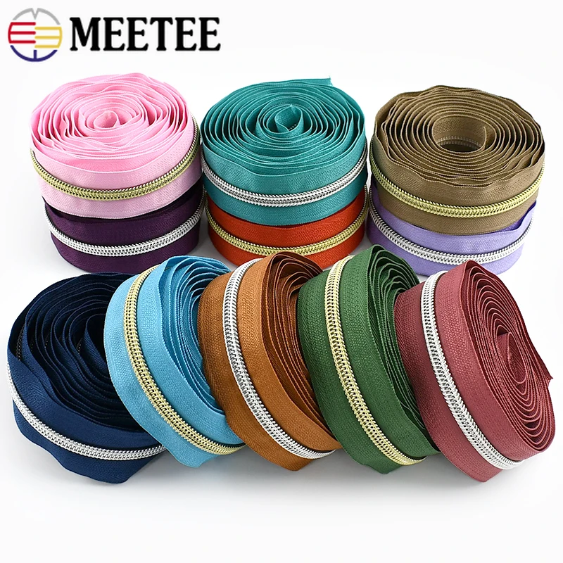 2/4/10Meters Meetee 5# Nylon Zippers Tapes Gold Silver Teeth Zipper for Sewing Bag Zips Heads Garment Repair Kit DIY Accessories