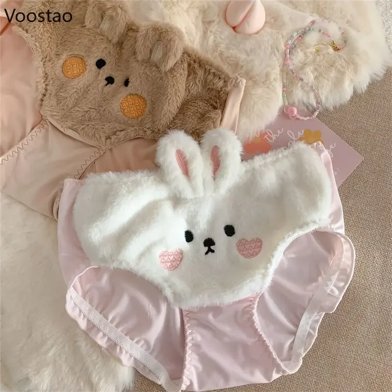 Japanese Cute Bunny Lolita Plush Cartoon Girl Underwear Sweet Underpants Soft Warm Kawaii Bear Briefs Female Lingerie Panties