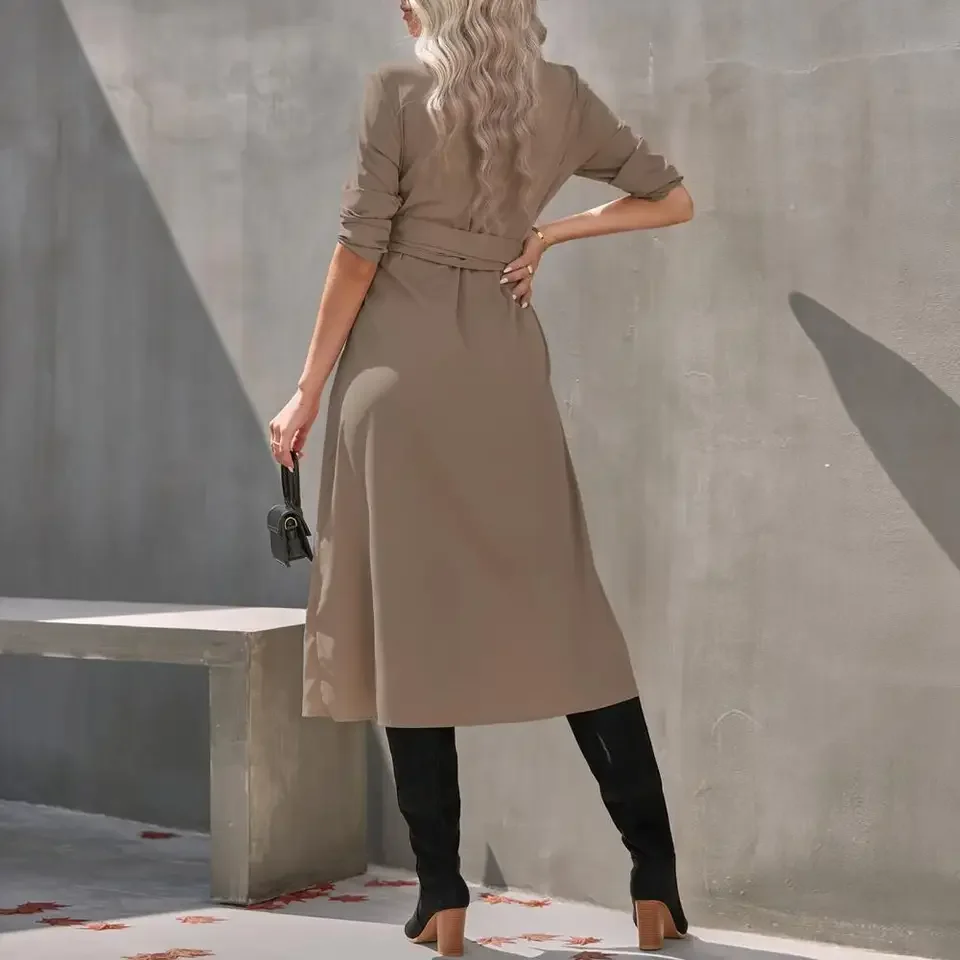 

Vestido Feminiso Elegant Shirt Dress Fashion Maxi Dress Top Women Dress Deep V-neck Button Fold Over Long Sleeve
