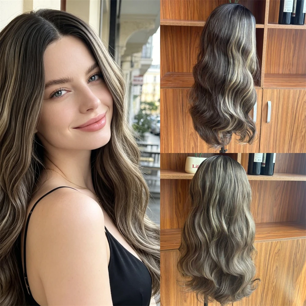 

Daily Party Wigs Ombre Brown Balayage Heat Friendly Synthetic HD Lace Front Wig with Dark Roots 150% Density Preplucked Hairline