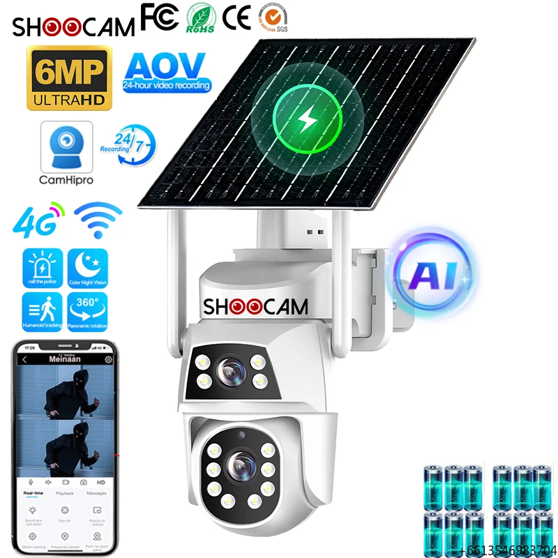 ShooCam 6MP AOV 24H 4g Sim Card Indoor Outdoor Security Cctv Cameras Powered 5G/2.4G Wifi Surveillance Ptz Power Solar Camera
