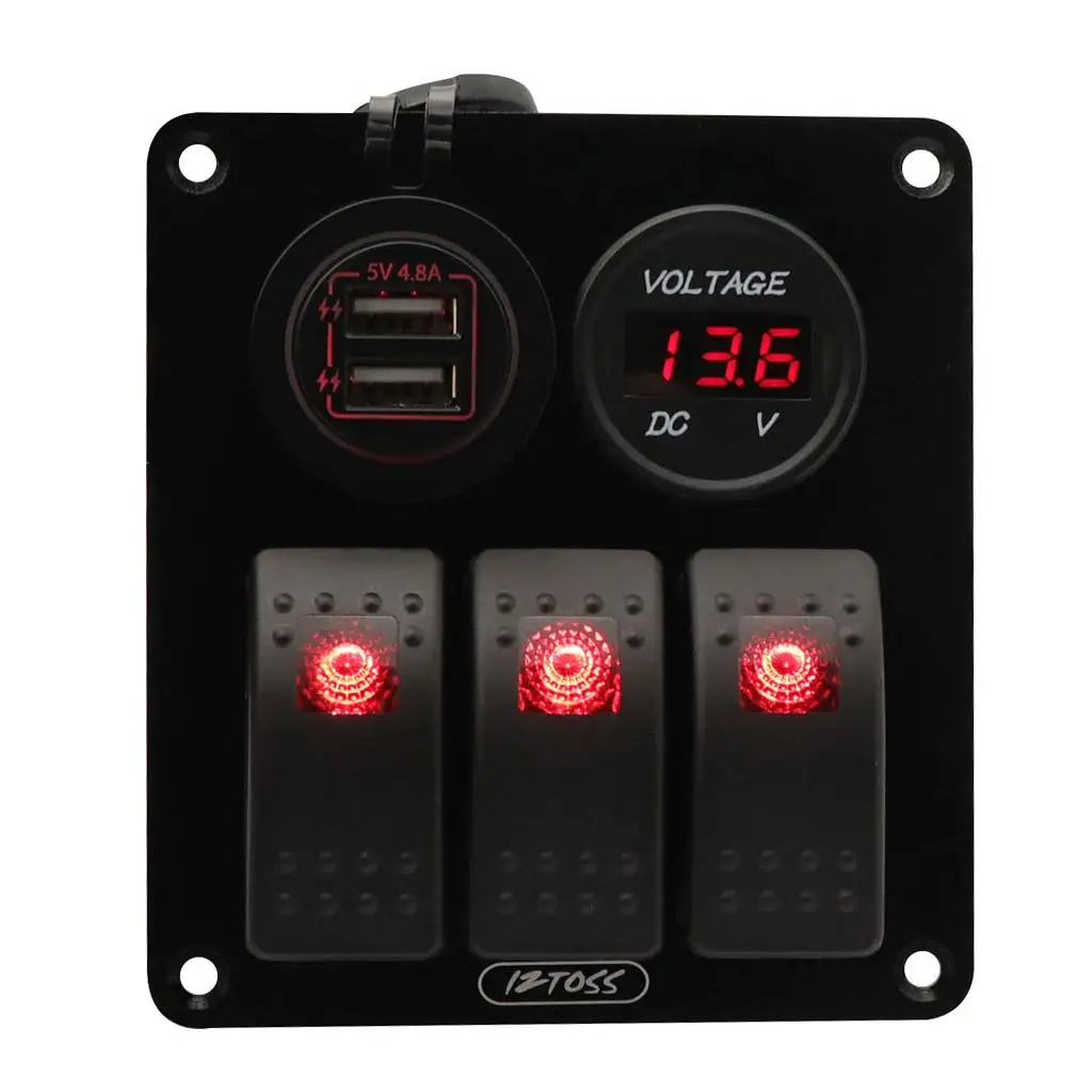 3 Gang Switch Panel for 12V-24V Voltmeter USB Charger for Truck Marine