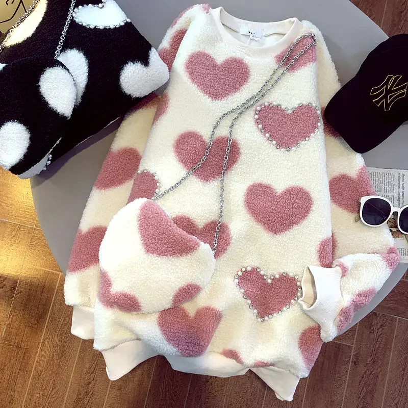 Cute Girl Kawaii Long-sleeved Beaded Imitation Lamb Wool Pullover Clothes Guard Women Winter 2021 New Fashion Sweater + Bag