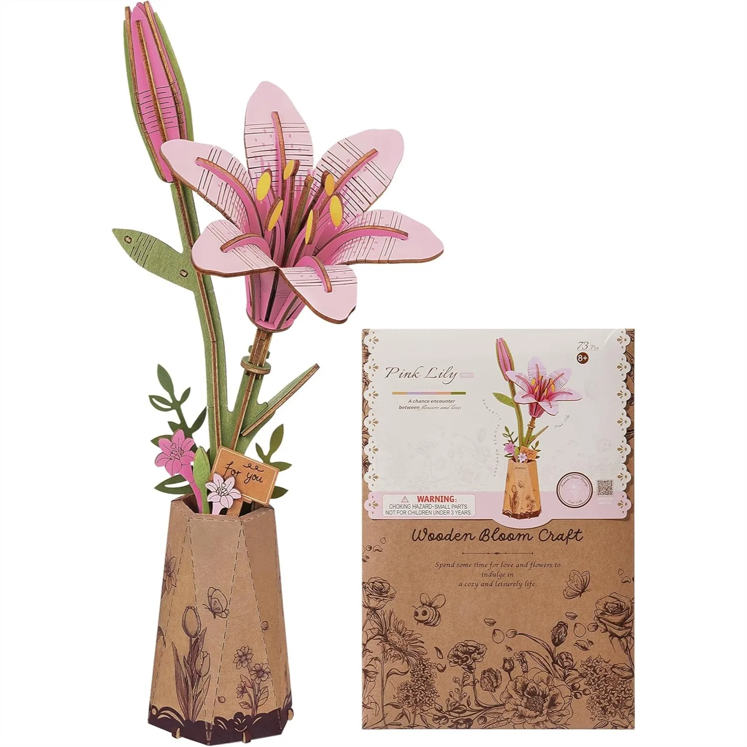 

3D Flower Wooden Puzzles for Adults - Pink Lily, DIY Wooden Flowers Model Kit Building Set Crafts, Gifts for Mother's Day