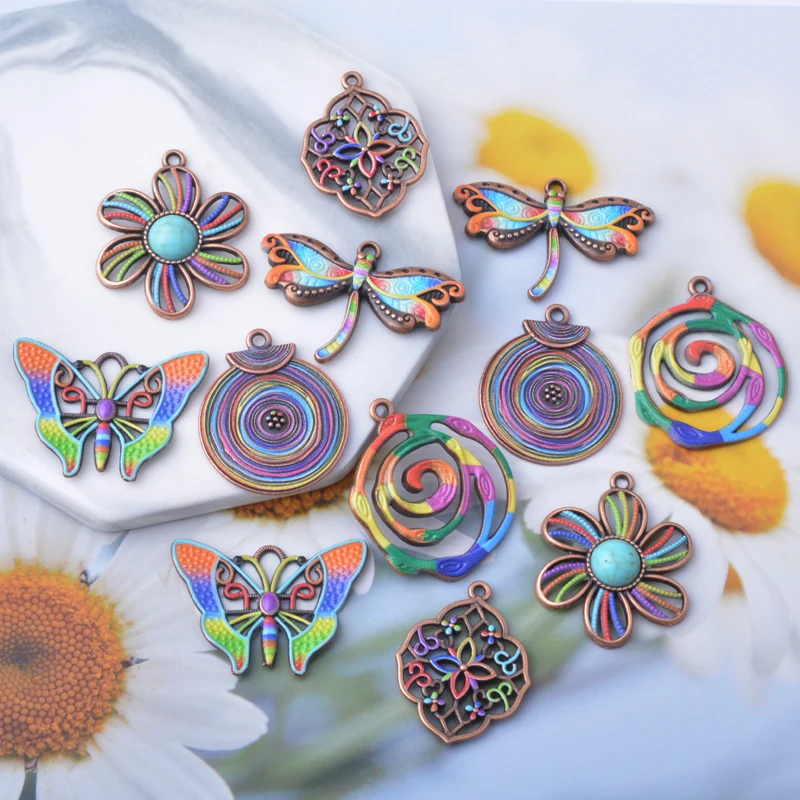 12 Stück/Set Ethno Frühling-Sommer-Stil Libellen-Schmetterling bemalte Anhänger Schmuckherstellung Geometrischer Boho-Anhänger DIY Damenohrringe – Detail 7