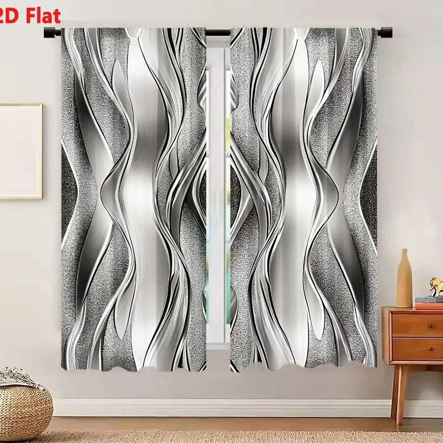 2Pcs Curtains Add 2D Flat Monochromatic Abstract Metallic Silver Wavy Lines Symmetrical Diamond Motif Modern Sleek Polished Chro