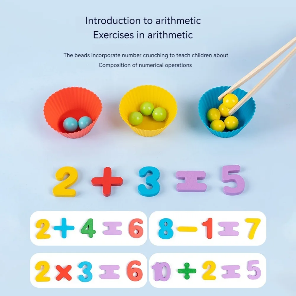 Wood Montessori Kindergarten Math Learning Toy Set with Beads Chopsticks Spoon Preschool Math Education Toys for Children Gifts