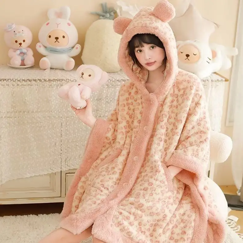 Thickened Coral Fleece Nightgown, Autumn And Winter Nightgown, Leopard Print Wearable Blanket, Pajamas, Cloak, Home Wear