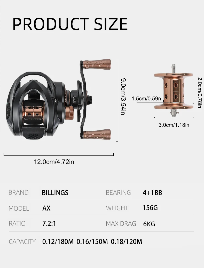 BILLINGS Baitcaster-Rolle 7.2:1 Baitcasting-Angelrolle 6KG Bremskraft Magnetisches Bremssystem Carretilha De Pesca für Süß- und Salzwasser – Detail 8